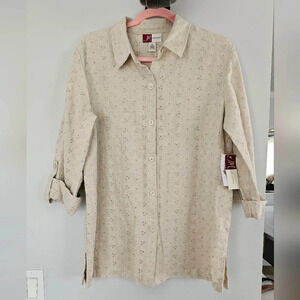 VINTAGE 100% Linen Eyelet Embroidered Button Up Shirt - Size 16 y2k